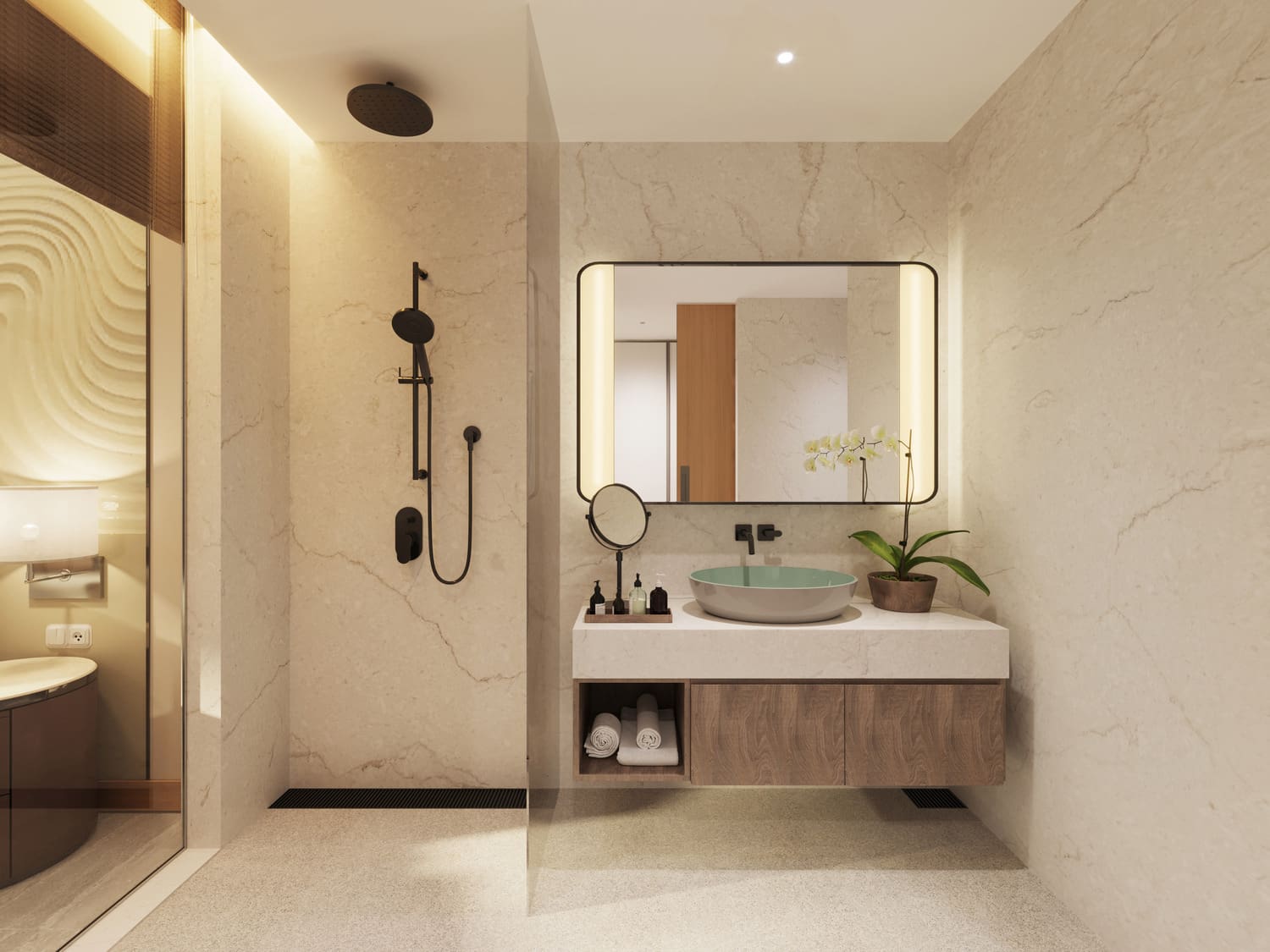 rendered image of hotel vanity and shower of the Marriott in Hon Tam