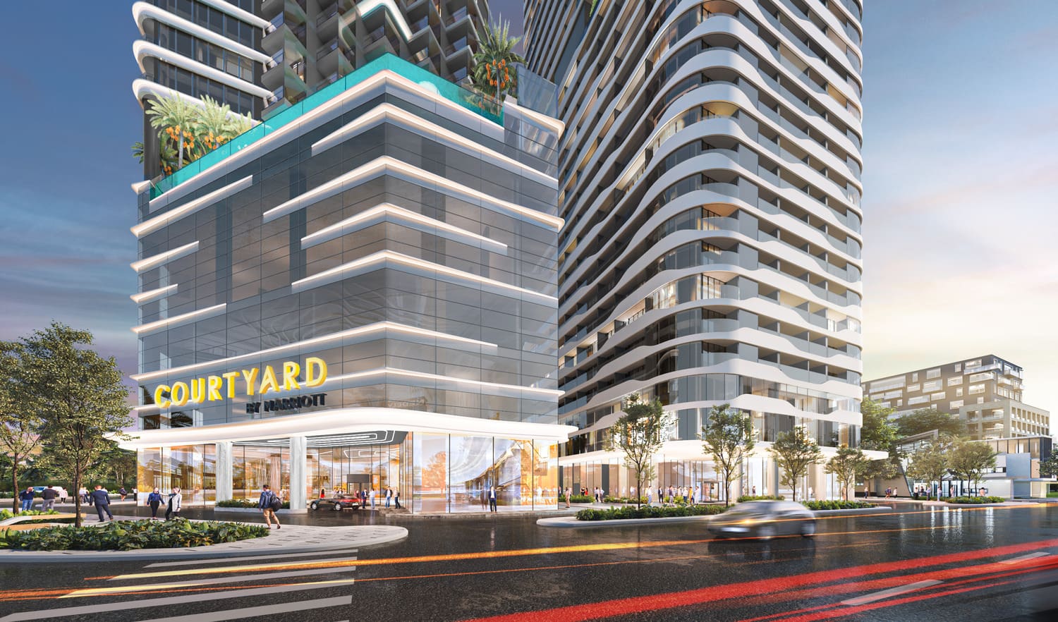 rendered image of front entrance of the Marriott and Centara street level