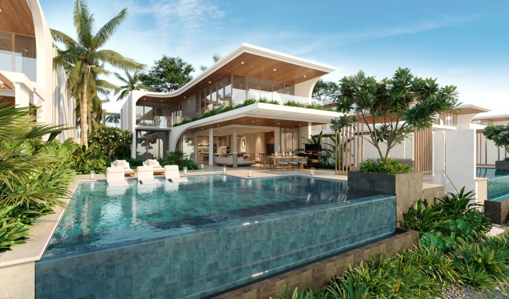 rendered image of front view of Ixora 2 villa with a pool