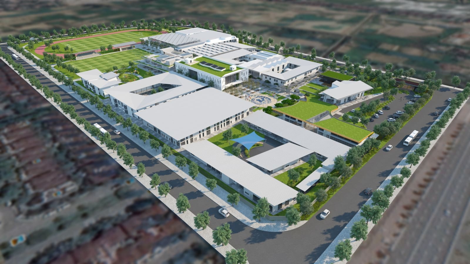 rendered image of aerial view of UNIS School
