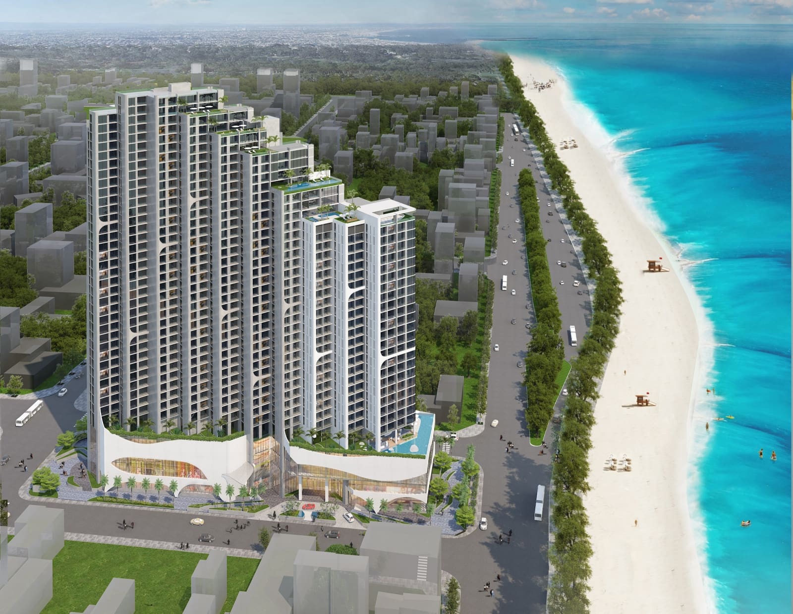 rendered image of aerial view of Scenia Bay along the beachfront