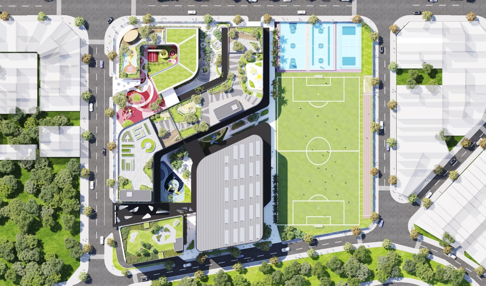 rendered image of aerial view from the top of Emasi School plot