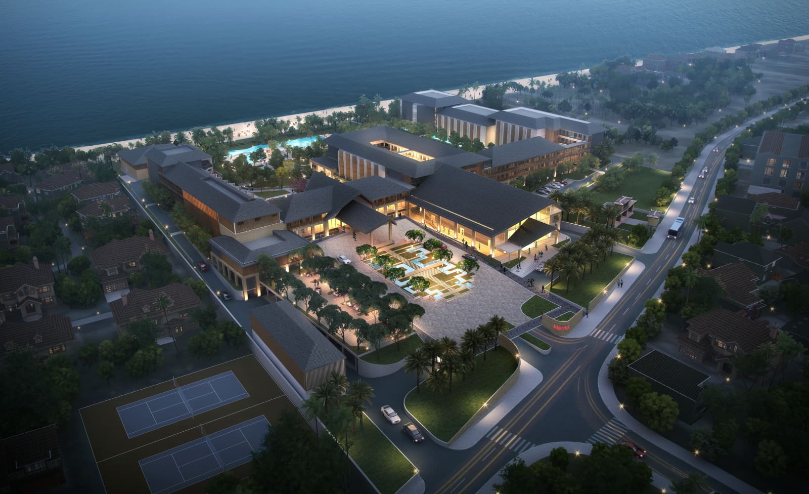 rendered image of aerial view of the Marriott in Hoi An